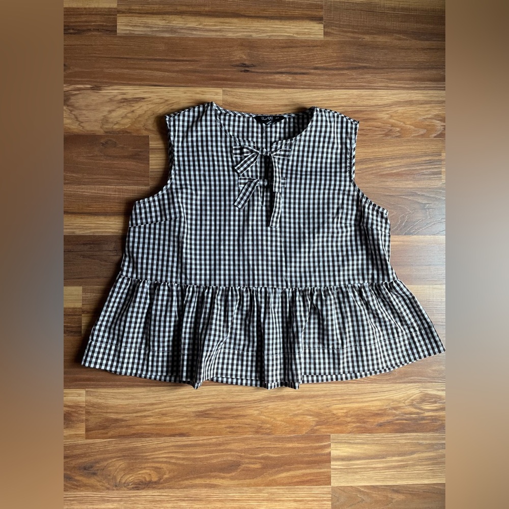 Gingham Peplum Tank Top | Brown & White Checkered Sleeveless Blouse | women’s XL